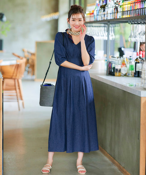 デニムタックギャザーワンピース