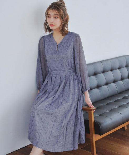 【アウトレット】花柄シフォン袖ワンピース