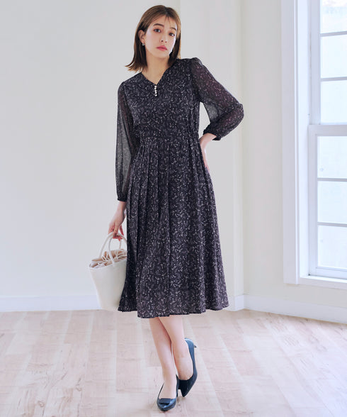 【アウトレット】花柄シフォン袖ワンピース