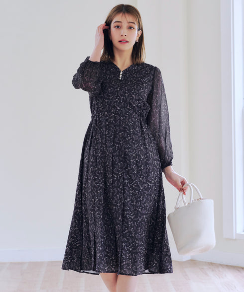 【アウトレット】花柄シフォン袖ワンピース