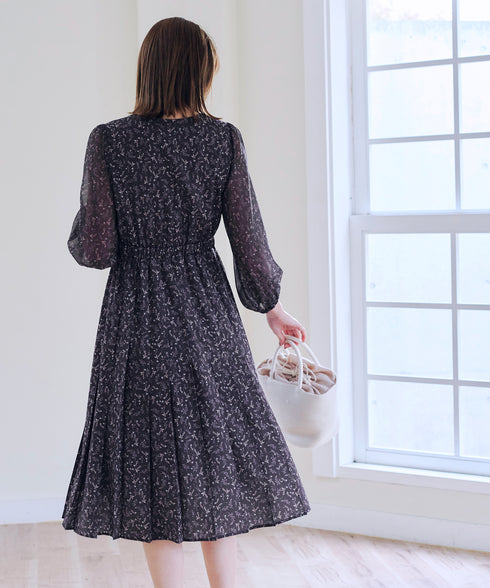 【アウトレット】花柄シフォン袖ワンピース