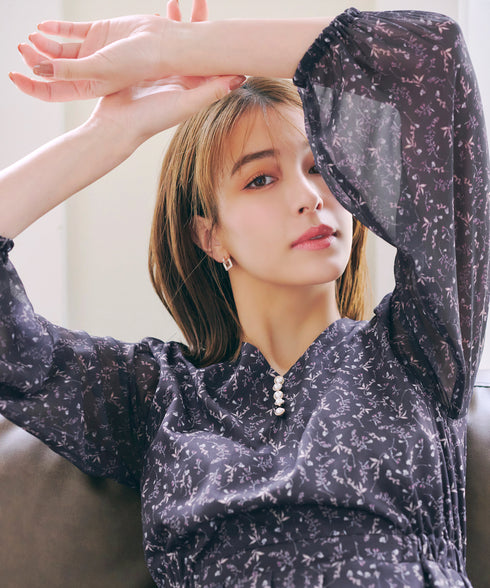 【アウトレット】花柄シフォン袖ワンピース