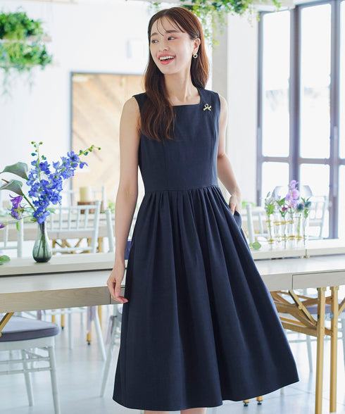 【アウトレット】麻調スクエアネックワンピース