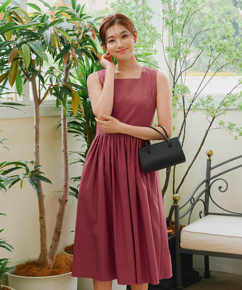 【アウトレット】麻調スクエアネックワンピース