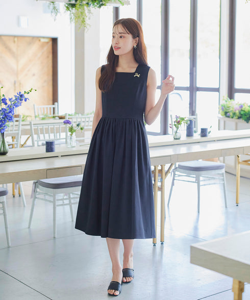 【アウトレット】麻調スクエアネックワンピース