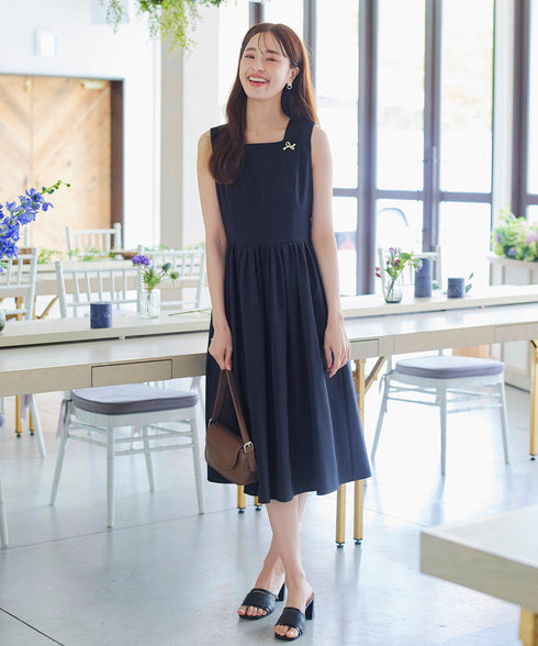 【アウトレット】麻調スクエアネックワンピース