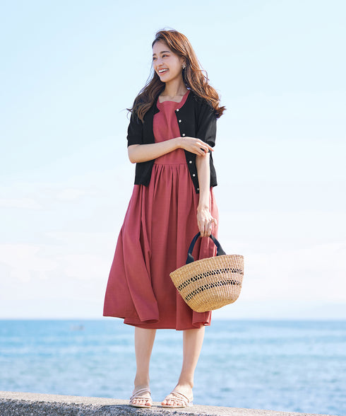 【アウトレット】麻調スクエアネックワンピース