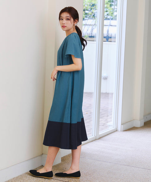 【アウトレット】配色Aラインサックワンピース