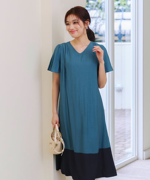 【アウトレット】配色Aラインサックワンピース