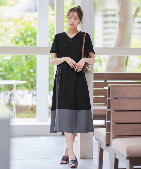 【アウトレット】配色Aラインサックワンピース