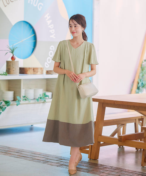 【アウトレット】配色Aラインサックワンピース