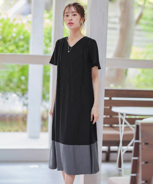 【アウトレット】配色Aラインサックワンピース
