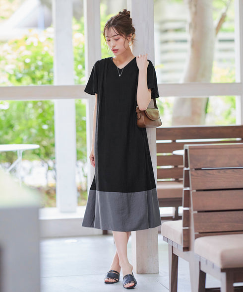 【アウトレット】配色Aラインサックワンピース