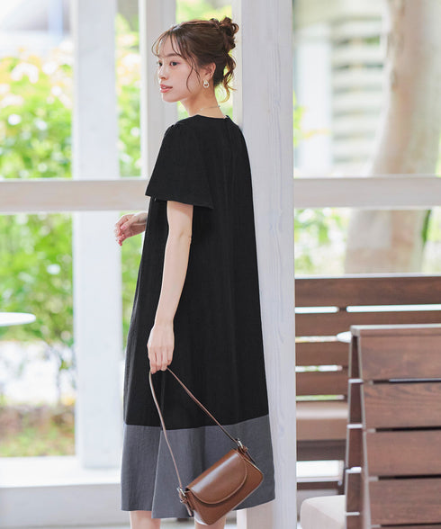 【アウトレット】配色Aラインサックワンピース