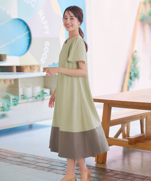 【アウトレット】配色Aラインサックワンピース