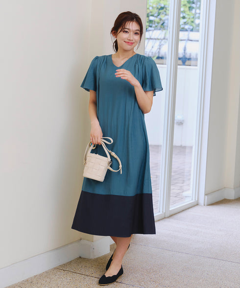 【アウトレット】配色Aラインサックワンピース