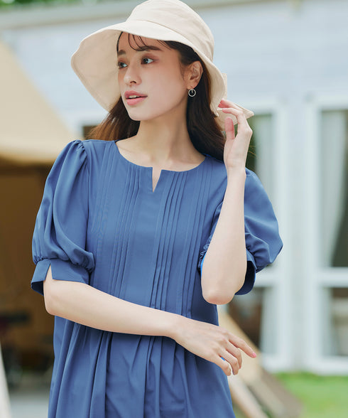 ボリュームパフスリーブピンタックワンピース