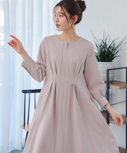 ビジュー付きフロント切替タックワンピース