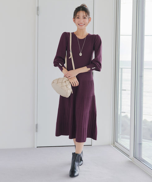 リブニットパフスリーブワンピース