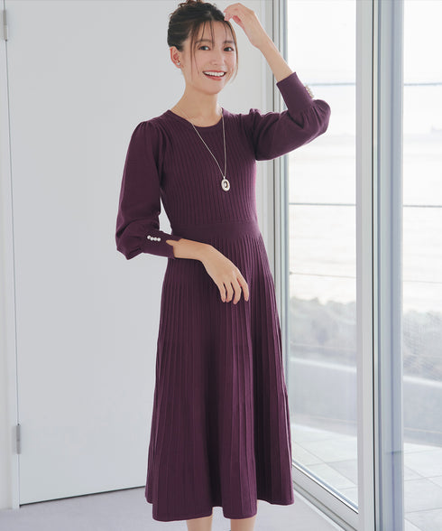 リブニットパフスリーブワンピース