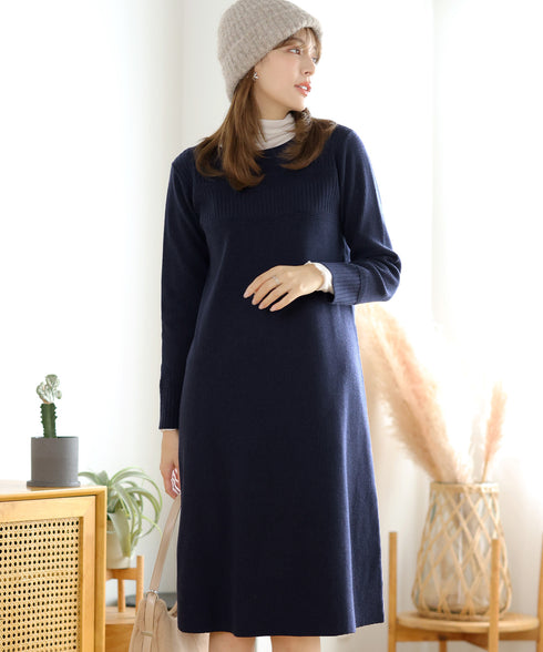 リブ切替デザインニットワンピース