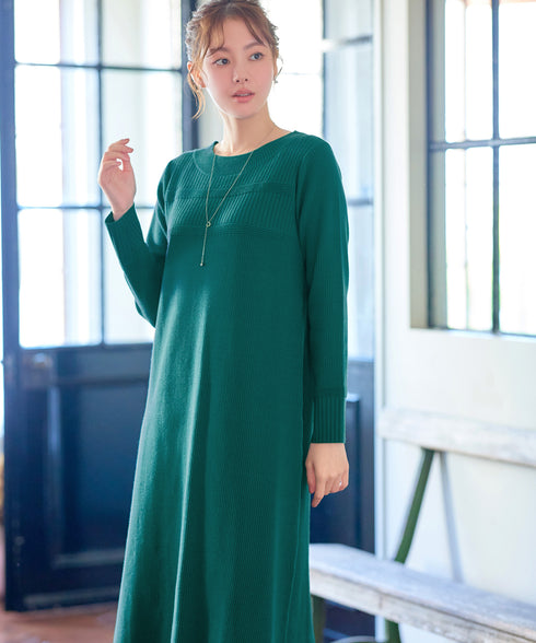 リブ切替デザインニットワンピース