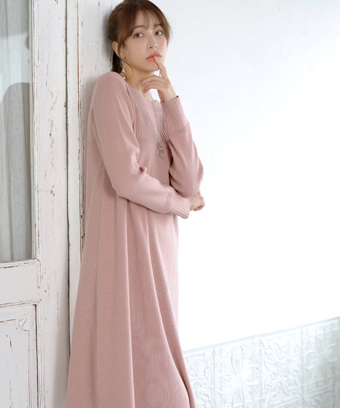 リブ切替デザインニットワンピース