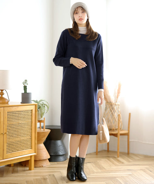 リブ切替デザインニットワンピース
