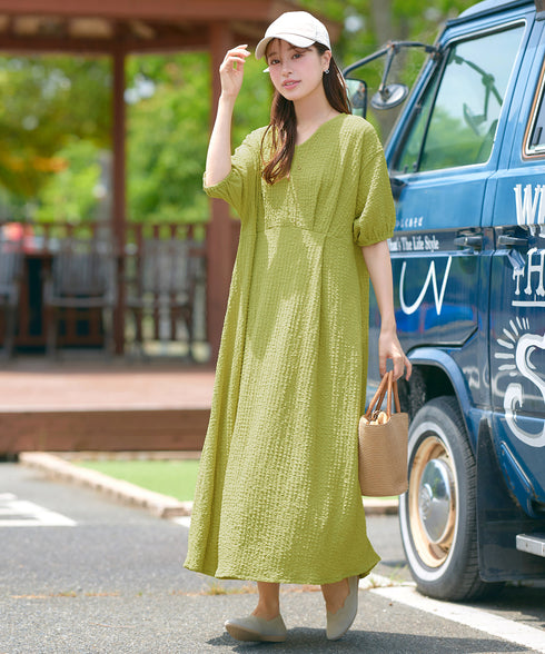 ワッフルVネックワンピース