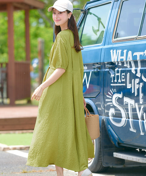 ワッフルVネックワンピース