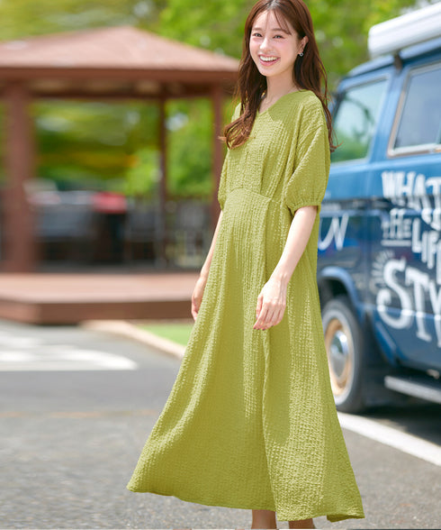 ワッフルVネックワンピース