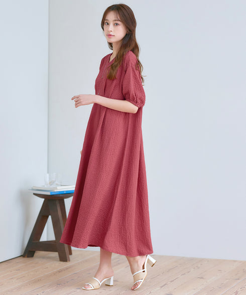 ワッフルVネックワンピース