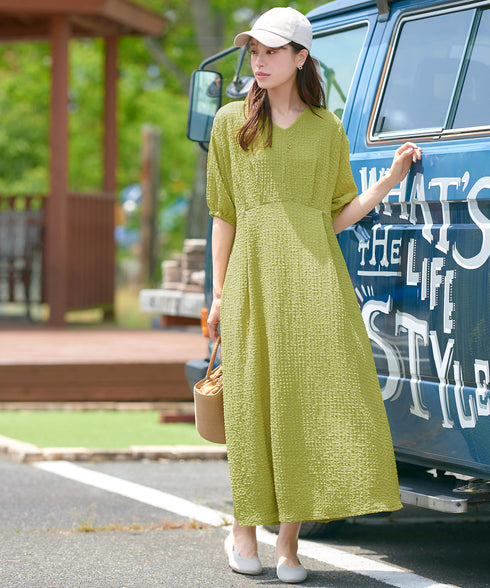 ワッフルVネックワンピース