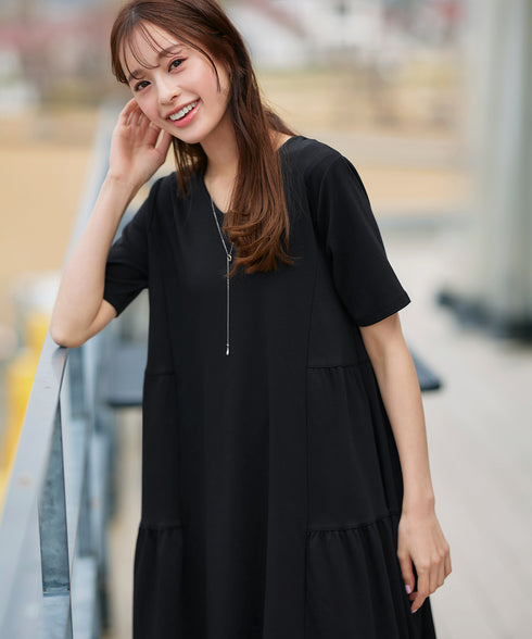 【小倉優子さん着用・洗える・接触冷感・汗ジミ防止】“サマさまカットソー”サイドティアードワンピース