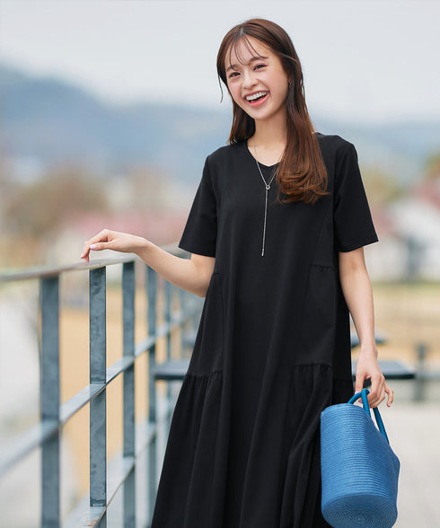 【小倉優子さん着用・洗える・接触冷感・汗ジミ防止】“サマさまカットソー”サイドティアードワンピース