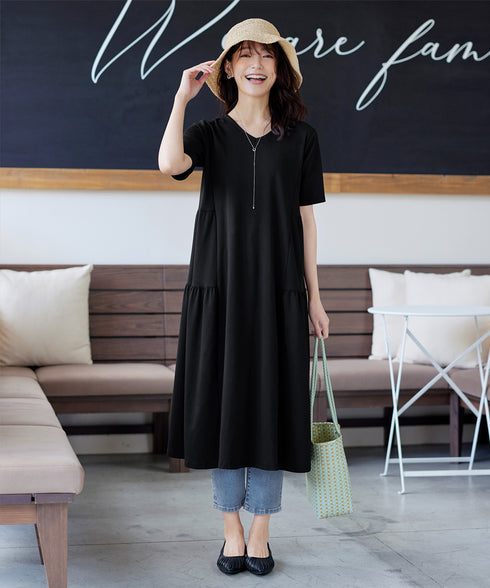 【小倉優子さん着用・洗える・接触冷感・汗ジミ防止】“サマさまカットソー”サイドティアードワンピース