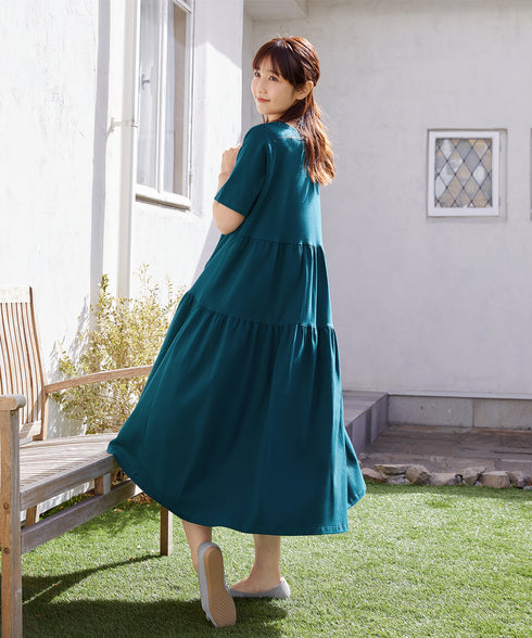 【小倉優子さん着用・洗える・接触冷感・汗ジミ防止】“サマさまカットソー”サイドティアードワンピース