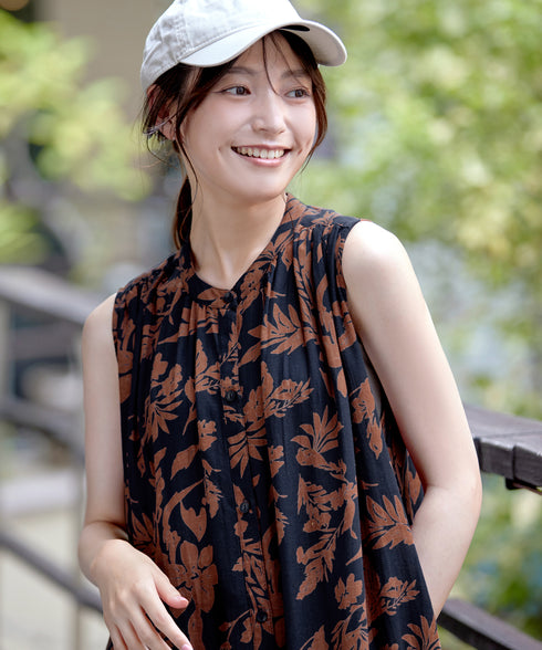 麻レーヨンボタニカルシャツワンピース