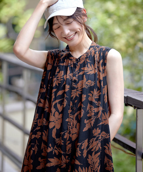 麻レーヨンボタニカルシャツワンピース