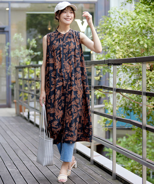 麻レーヨンボタニカルシャツワンピース