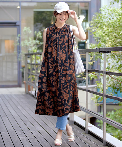 麻レーヨンボタニカルシャツワンピース