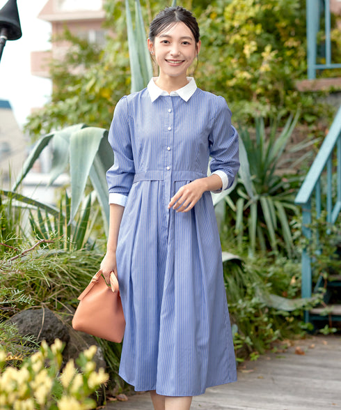 パール釦フレアシャツワンピース