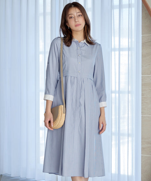 パール釦フレアシャツワンピース