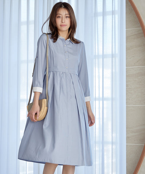 パール釦フレアシャツワンピース