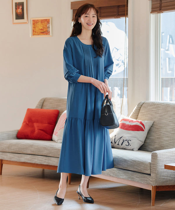 パフ袖ピンタックロングワンピース