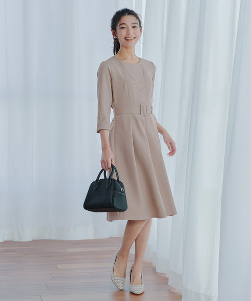 【3WAY】リボンブローチ&ベルト付きフレアワンピース