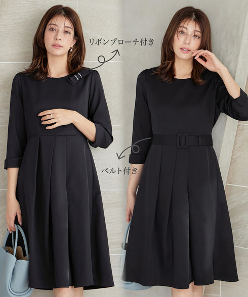 【3WAY】リボンブローチ&ベルト付きフレアワンピース