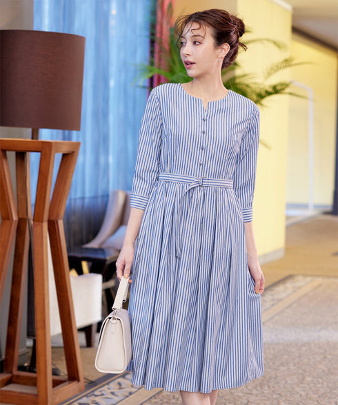 ベルト付きストライプワンピース