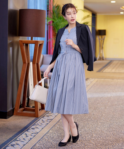 ベルト付きストライプワンピース