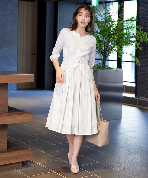 ベルト付きストライプワンピース